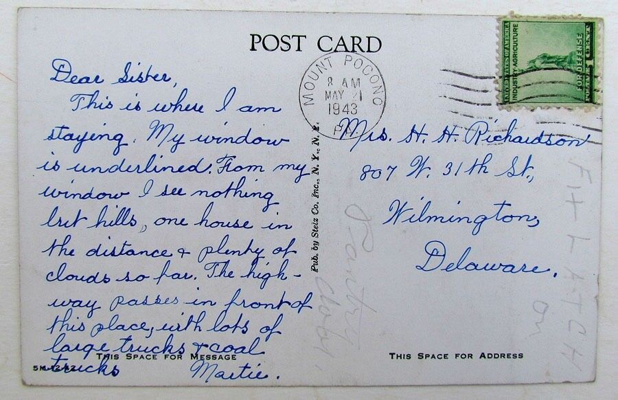 1943 VINTAGE POSTCARD - POCONO HAVEN MOUNT POCONO PA