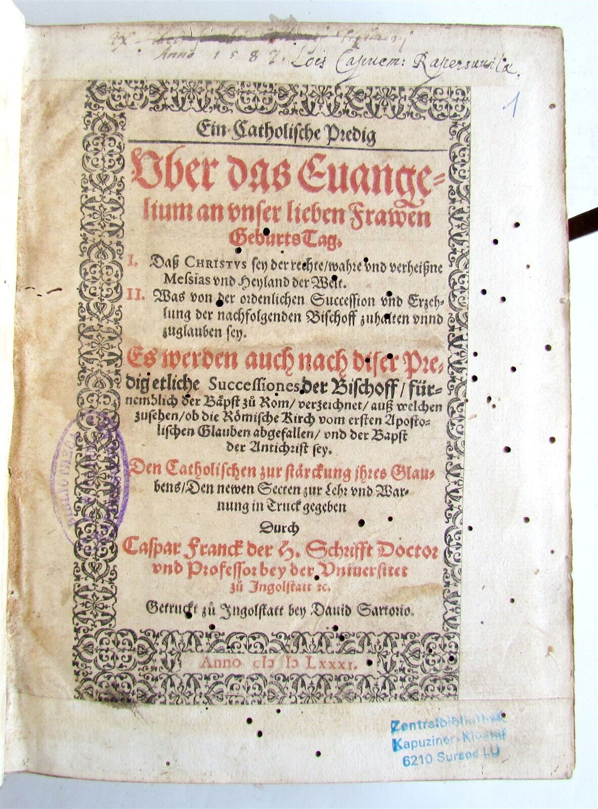 1581 GERMAN RELIGIOUS SERMONS antique PIGSKIN BINDING 16th CENTURY