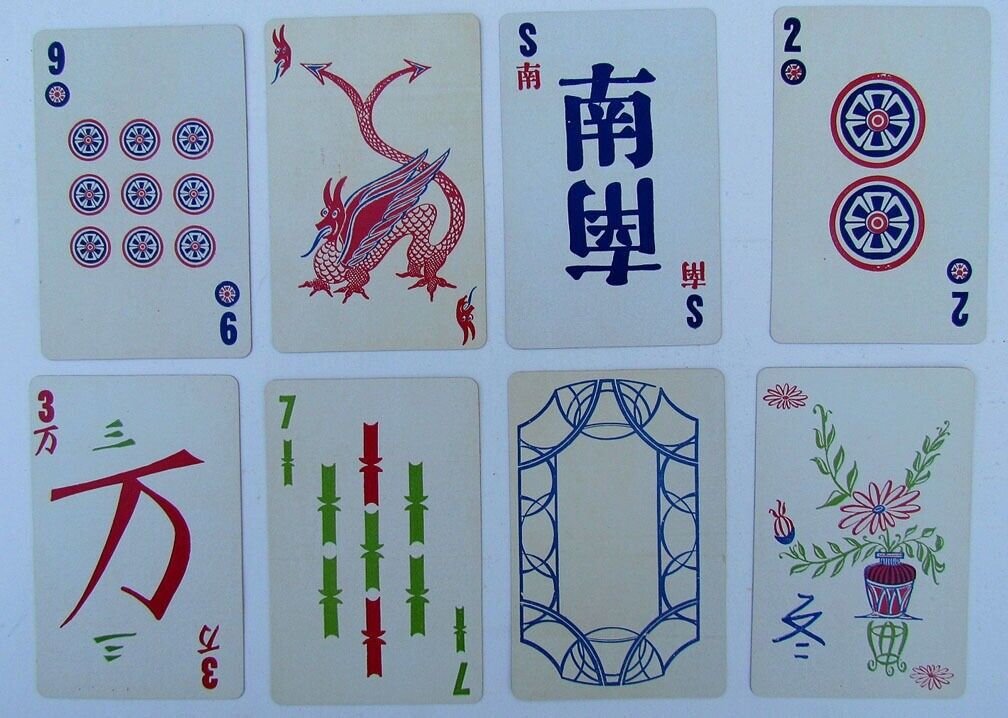 GROUP OF 8 VINTAGE CHINESE PLAYING CARDS w / BUDDHA BACK