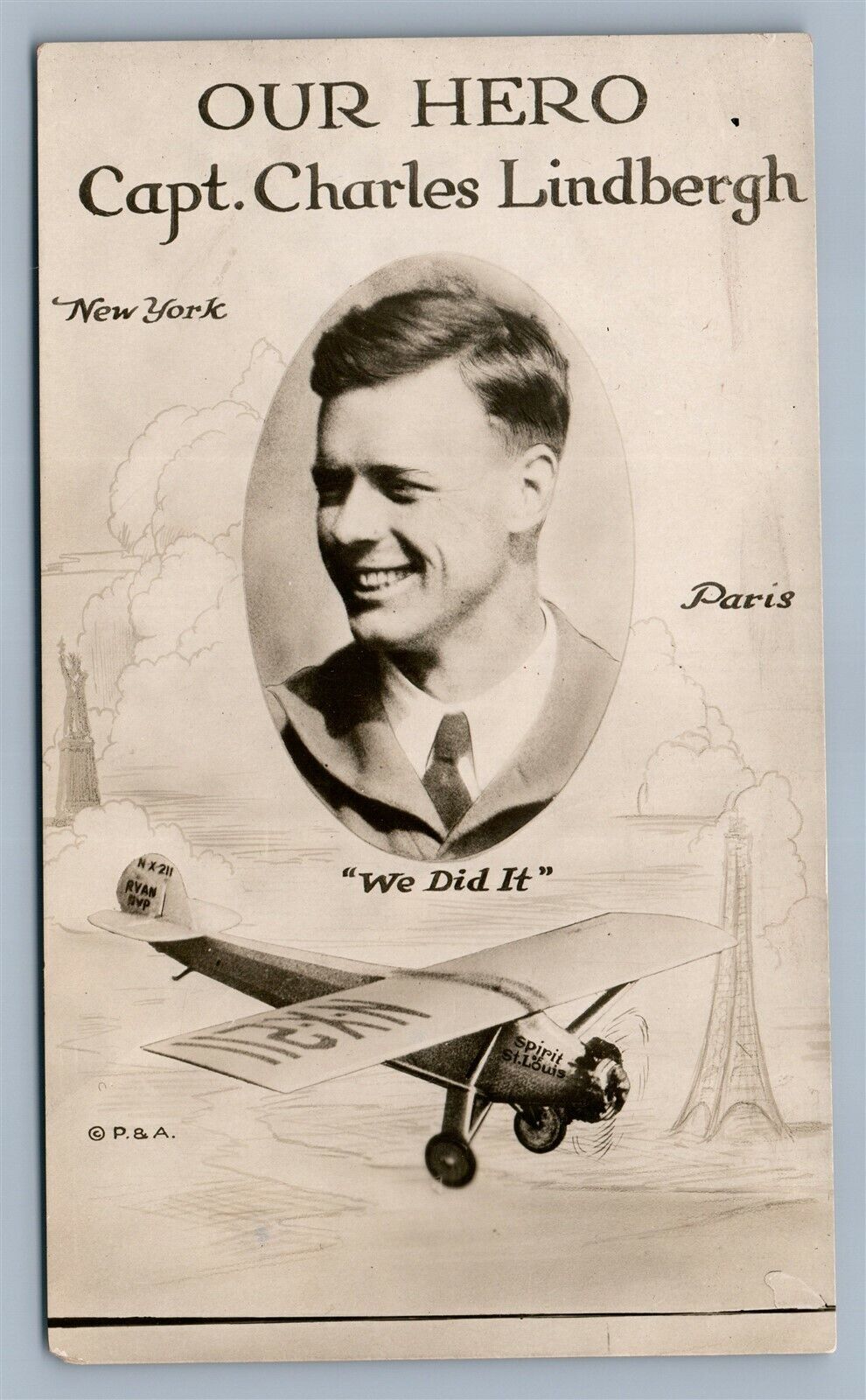AVIATOR CAPT. CHARLES LINDBERGH VINTAGE REAL PHOTO POSTCARD RPPC