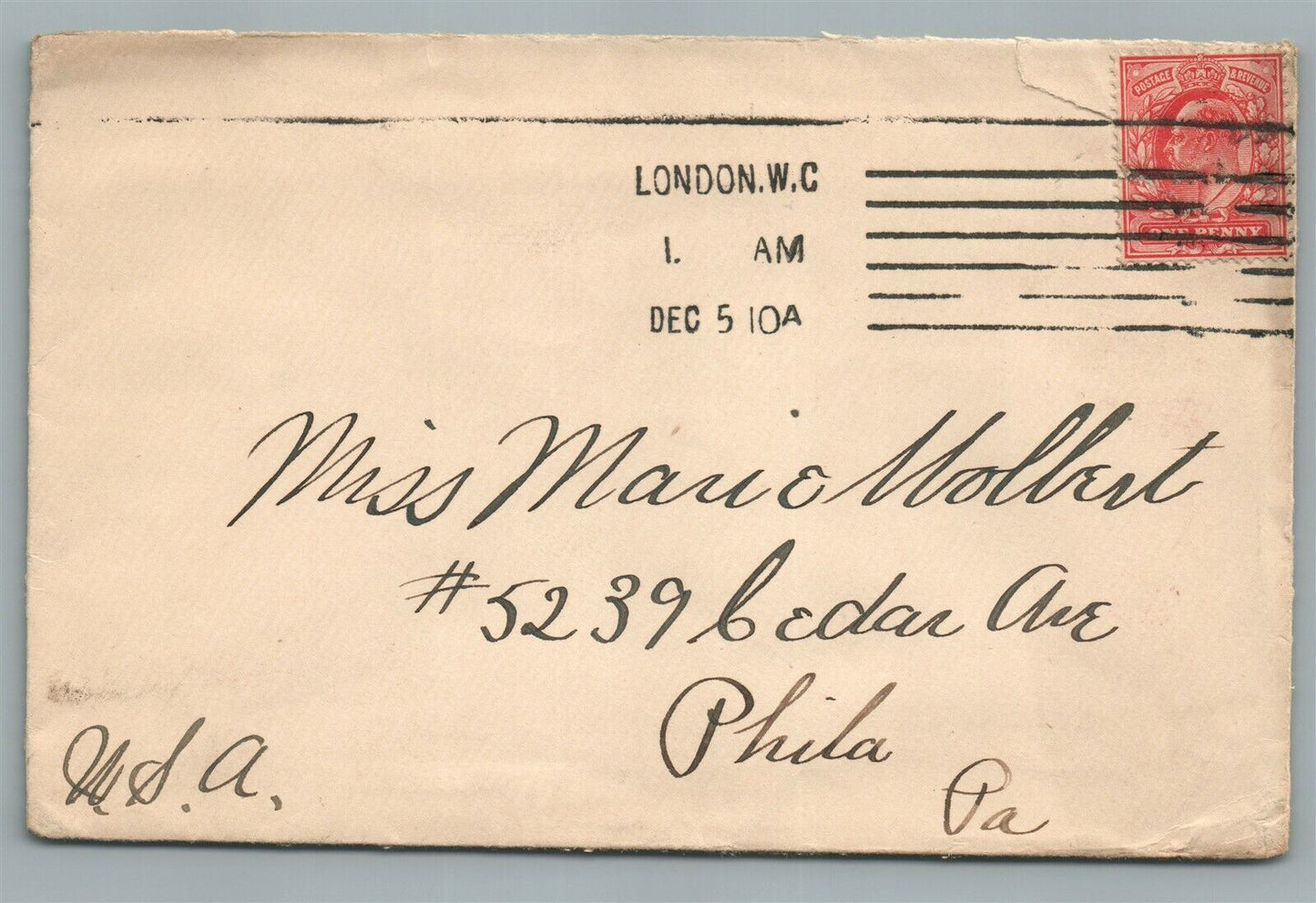 LONDON UK to PHILADELPHIA USA ANTIQUE COVER w/ STAMP HAXELL'S FAMILY HOTEL