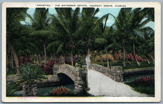 SWASTIKA MATHESON ESTATE COCONUT GROVE FL ANTIQUE 1931 POSTCARD AIR MAIL STAMP