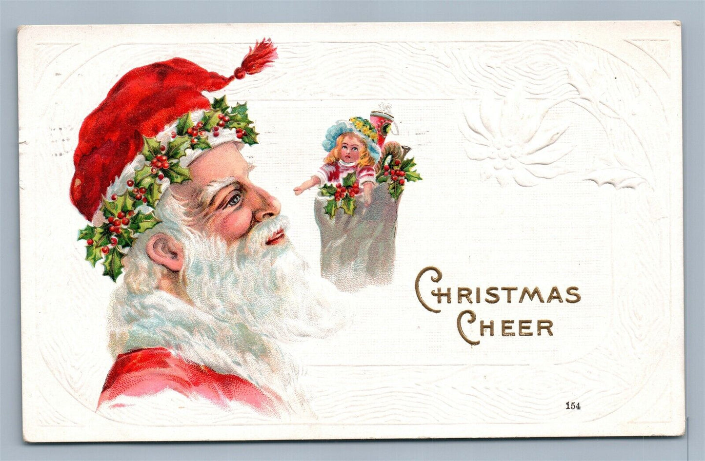 CHRISTMAS CHEER ANTIQUE EMBOSSED POSTCARD w/ SANTA