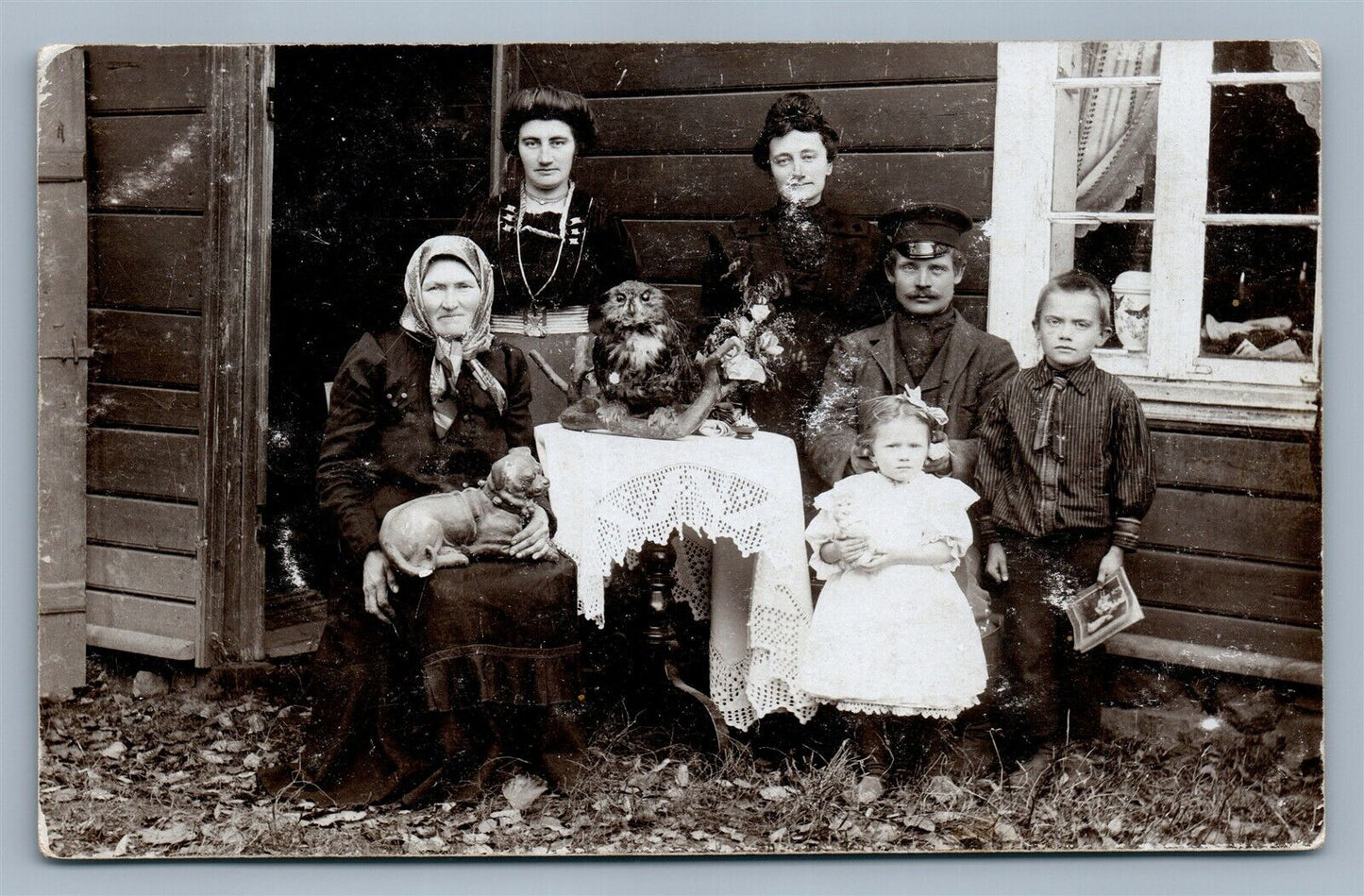 VILLAGE FAMILY w/ DOG & OWL MODELS ANTIQUE REAL PHOTO POSTCARD RPPC