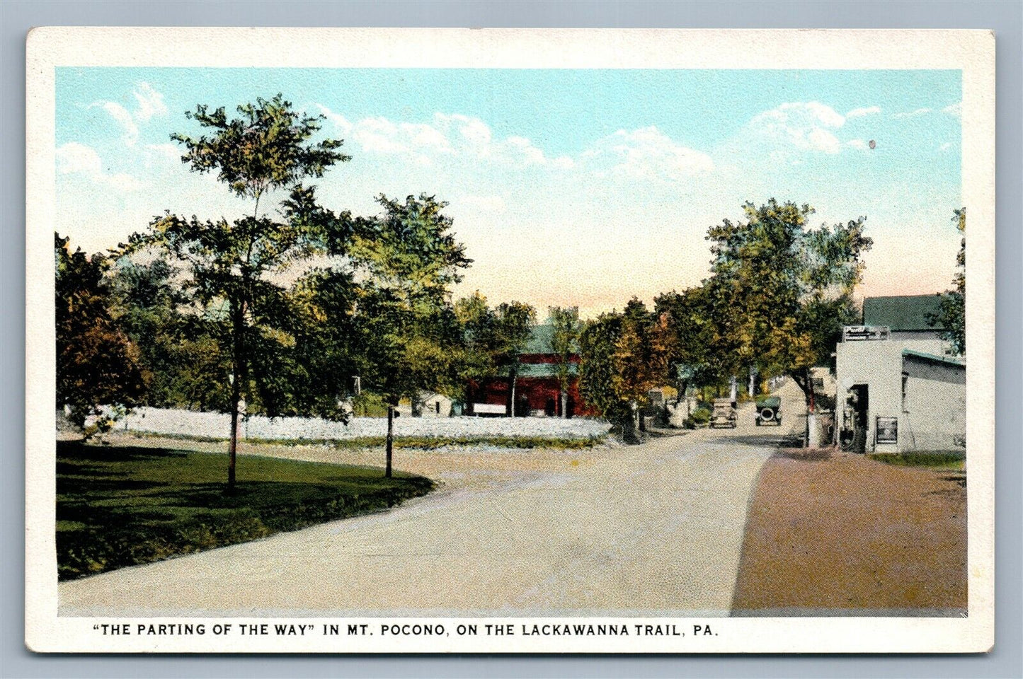 MT.POCONO PA LACKAWANNA TRAIL PARTING OF THE WAY ANTIQUE POSTCARD