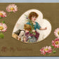 VALENTINE EMBOSSED ANTIQUE POSTCARD PRINTED ON SILK KIDS w/ FLOWERS