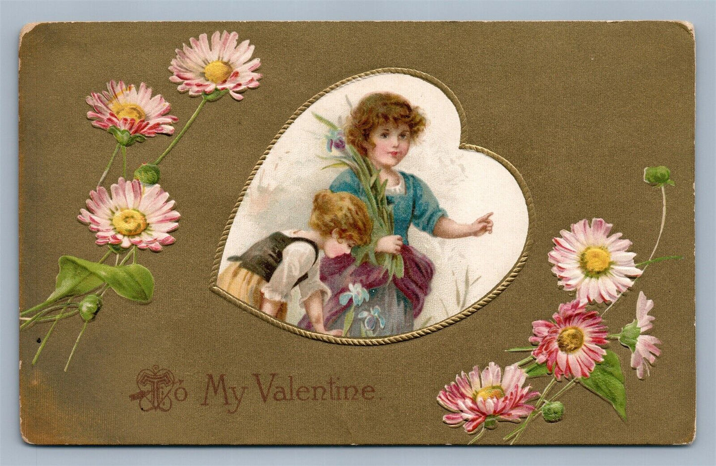 VALENTINE EMBOSSED ANTIQUE POSTCARD PRINTED ON SILK KIDS w/ FLOWERS