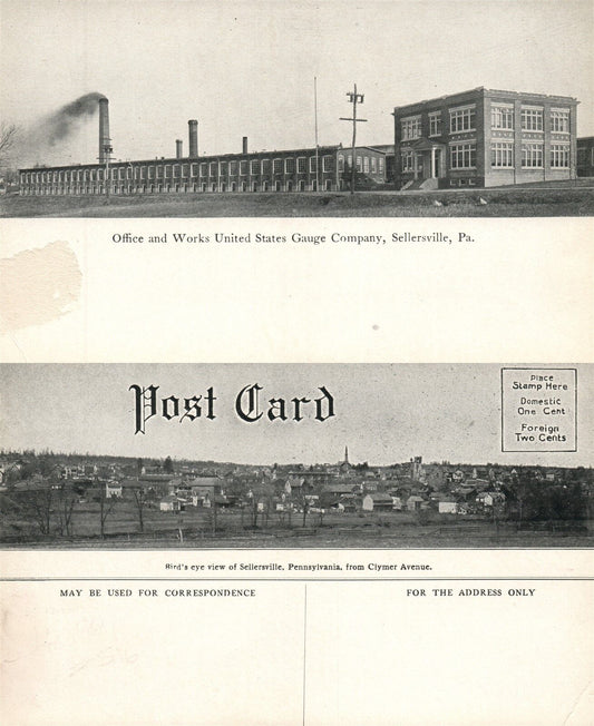 SELLERSVILLE BUCKS COUNTY PA UNITED STATES GAUGE COMPANY ANTIQUE POSTCARD