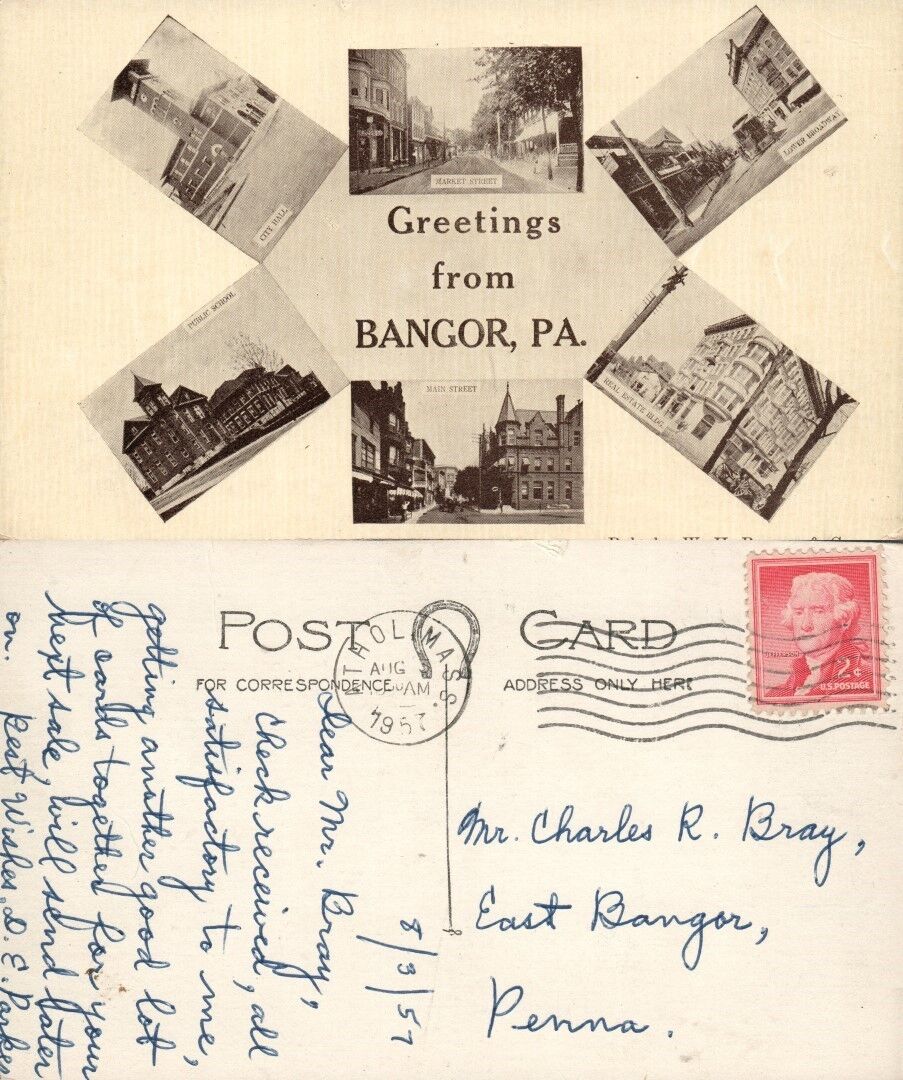 GREETINGS FROM BANGOR PA 1957 VINTAGE POSTCARD