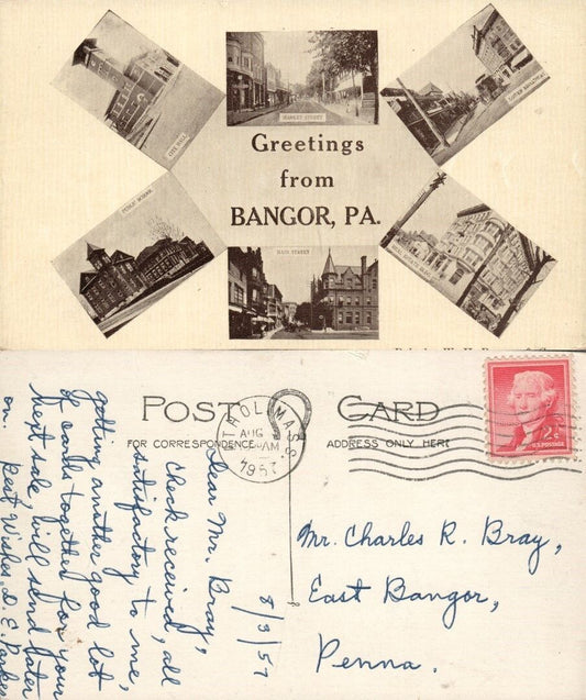 GREETINGS FROM BANGOR PA 1957 VINTAGE POSTCARD