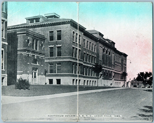 CEDAR FALLS IA I.S.T.C. AUDITORIUM ANTIQUE DOUBLE POSTCARD