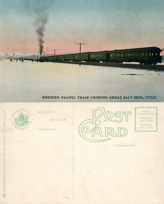 WESTERN PACIFIC TRAIN CROSSING GREAT SALT BEDS ANTIQUE POSTCARD railroad railway