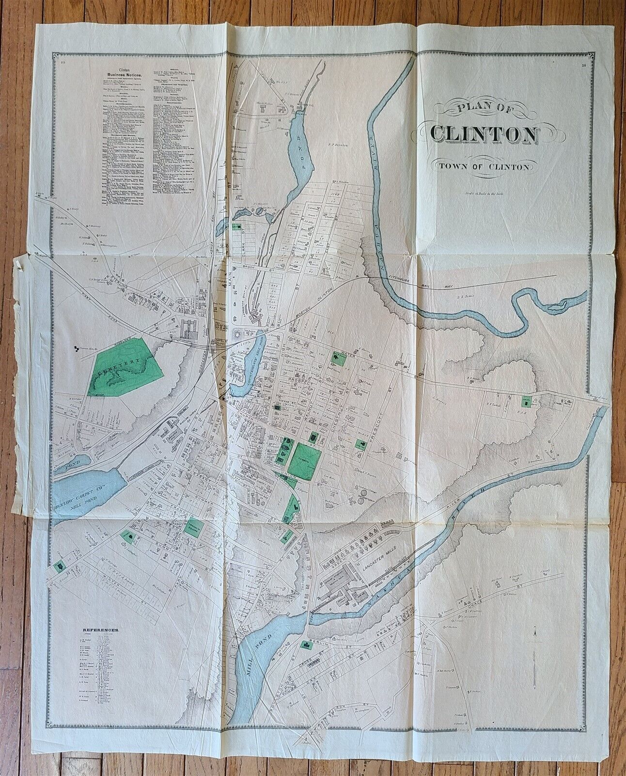 PLAN of TOWN of CLINTON MA antique 31.5 by 39.5"