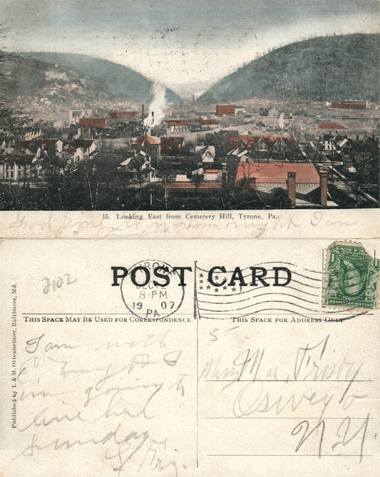 TYRONE PA FROM CEMETERY HILL 1907 ANTIQUE POSTCARD