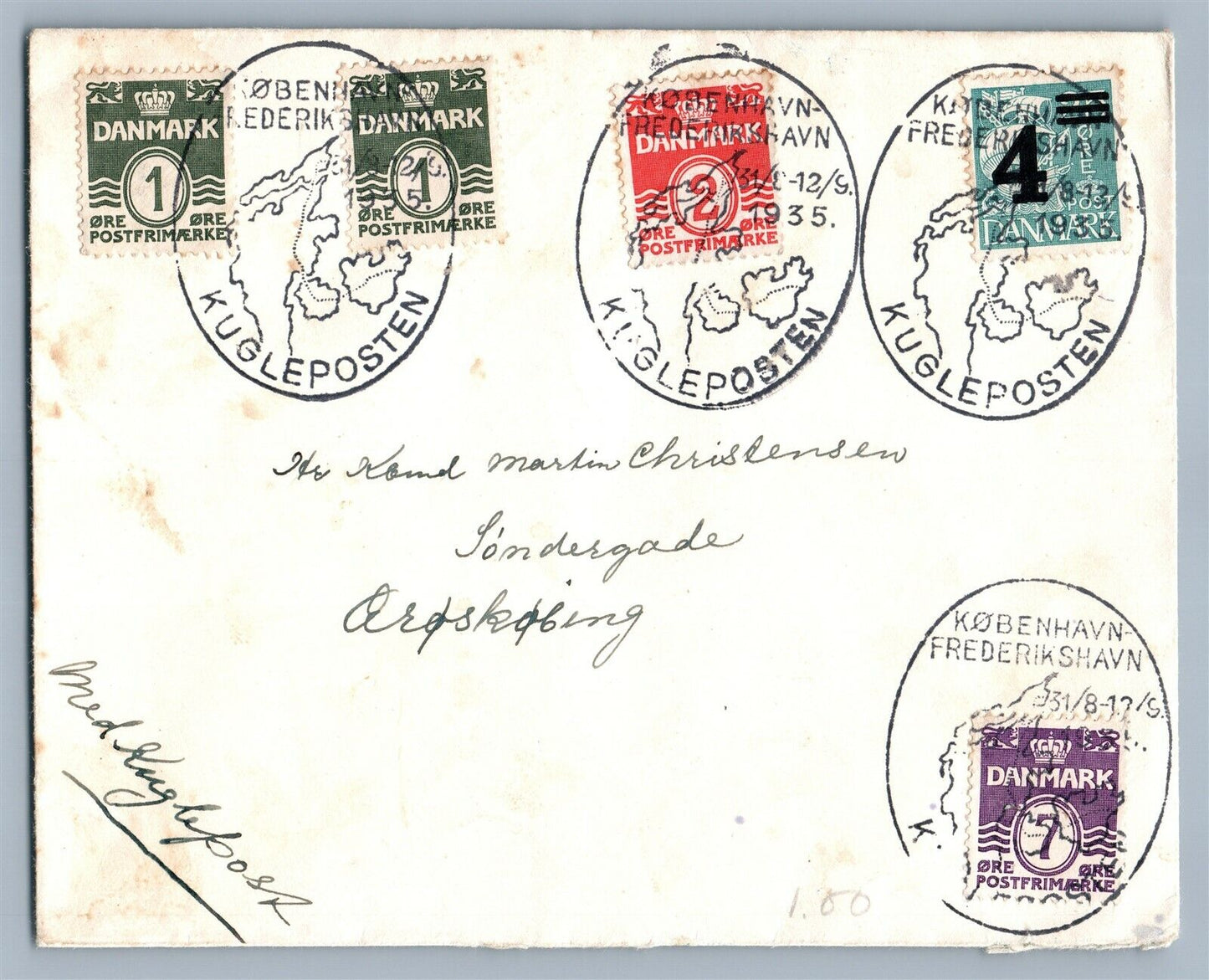 1935 DENMARK POSTAL COVER vintage w/ DANMARK POST STAMPS