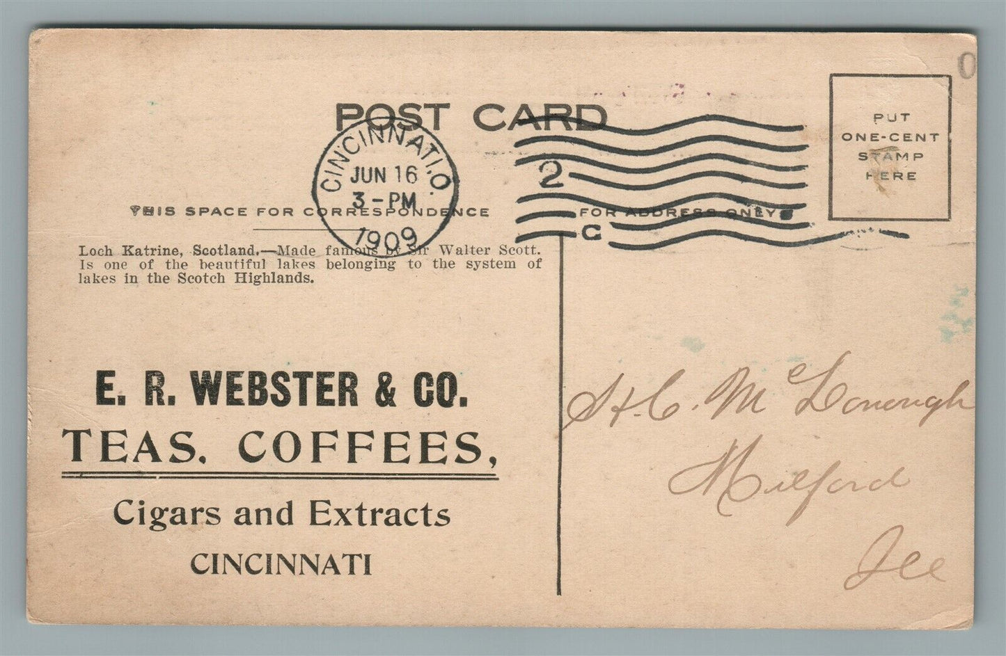 CINCINNATI OH TEA COFFEEE CIGARS WEBSTER CO. ADVERTISING 1909 ANTIQUE POSTCARD