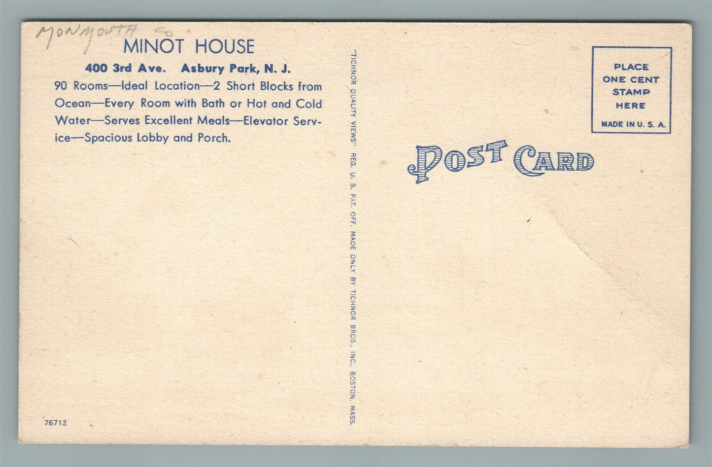 ASBURY PARK NJ MINOT HOUSE VINTAGE POSTCARD