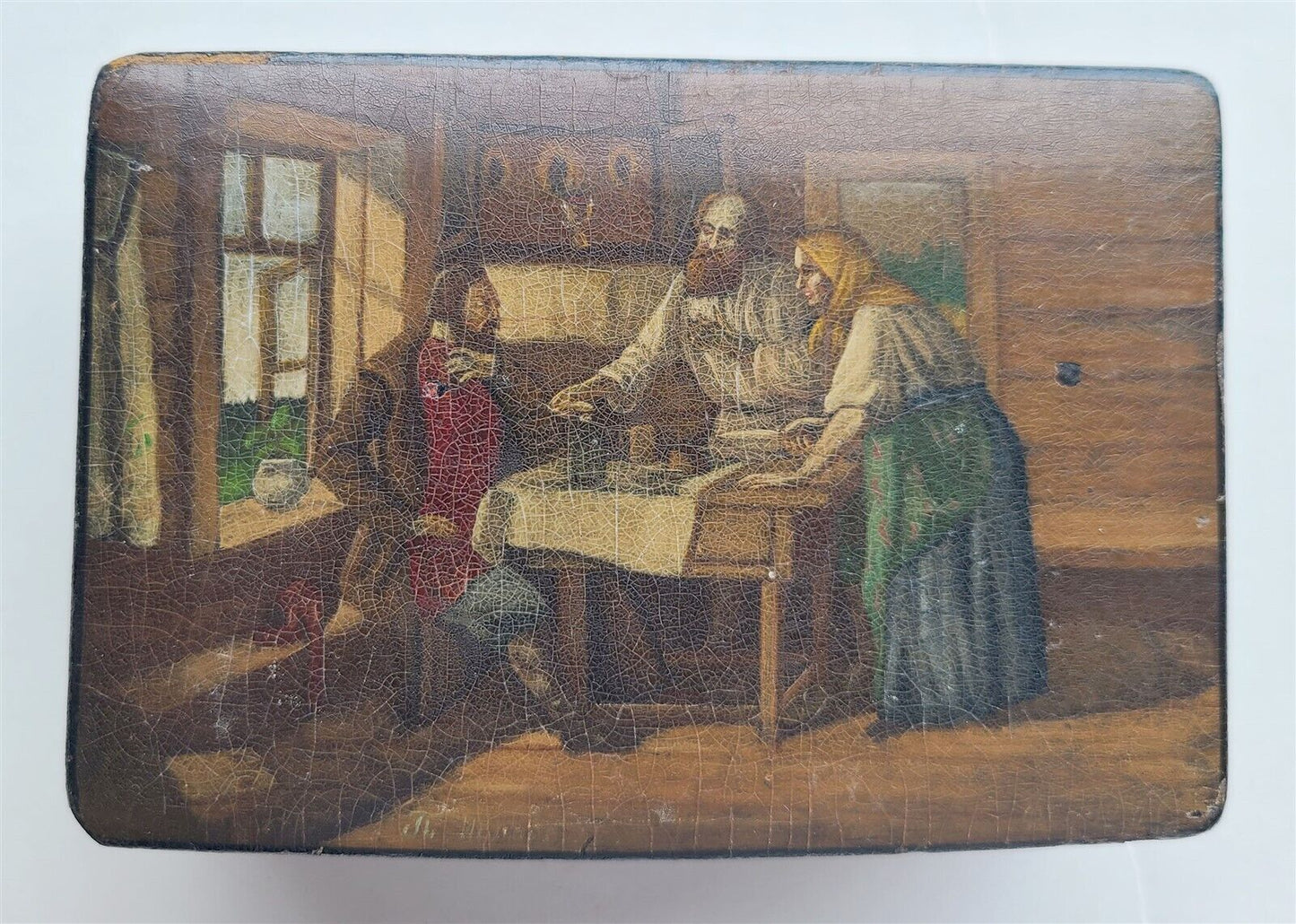 RUSSIAN ANTIQUE LACQUER BOX HAND PAINTED VINTAGE COUNTRY GENRE SCENE