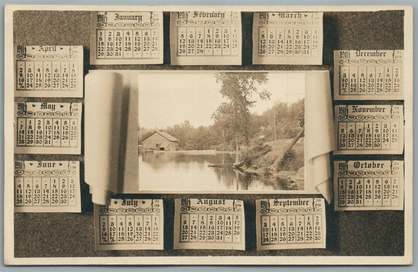 VILLAGE SCENE w/ 1911 CALENDAR ANTIQUE REAL PHOTO POSTCARD RPPC