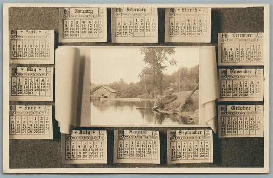 VILLAGE SCENE w/ 1911 CALENDAR ANTIQUE REAL PHOTO POSTCARD RPPC