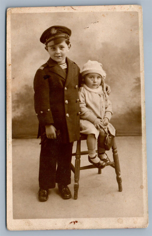 RUSSIAN IMMIGRANT KIDS in US NAVAL UNIFORM BOY ANTIQUE REAL PHOTO POSTCARD RPPC