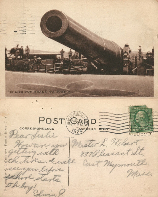 12 INCH GUN READY FOR FIRE FISHER'S ISLAND N.Y. 1924 ANTIQUE POSTCARD