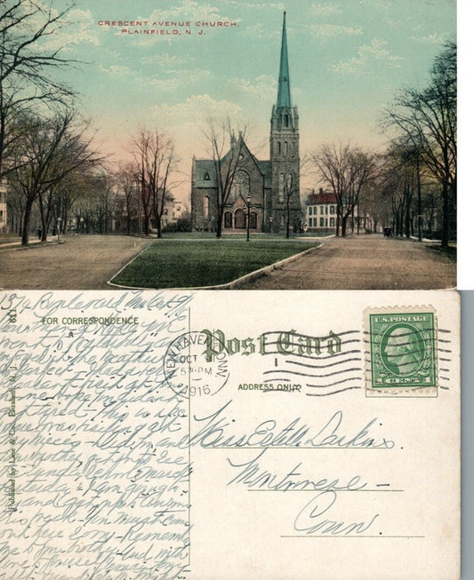 PLAINFIELD N.J. CRESCENT AVENUE CHURCH 1916 ANTIQUE POSTCARD