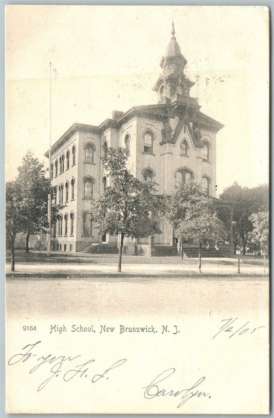 NEW BRUNSWICK NJ HIGH SCHOOL UNDIVIDED 1905 ANTIQUE POSTCARD w/ CORK CANCEL