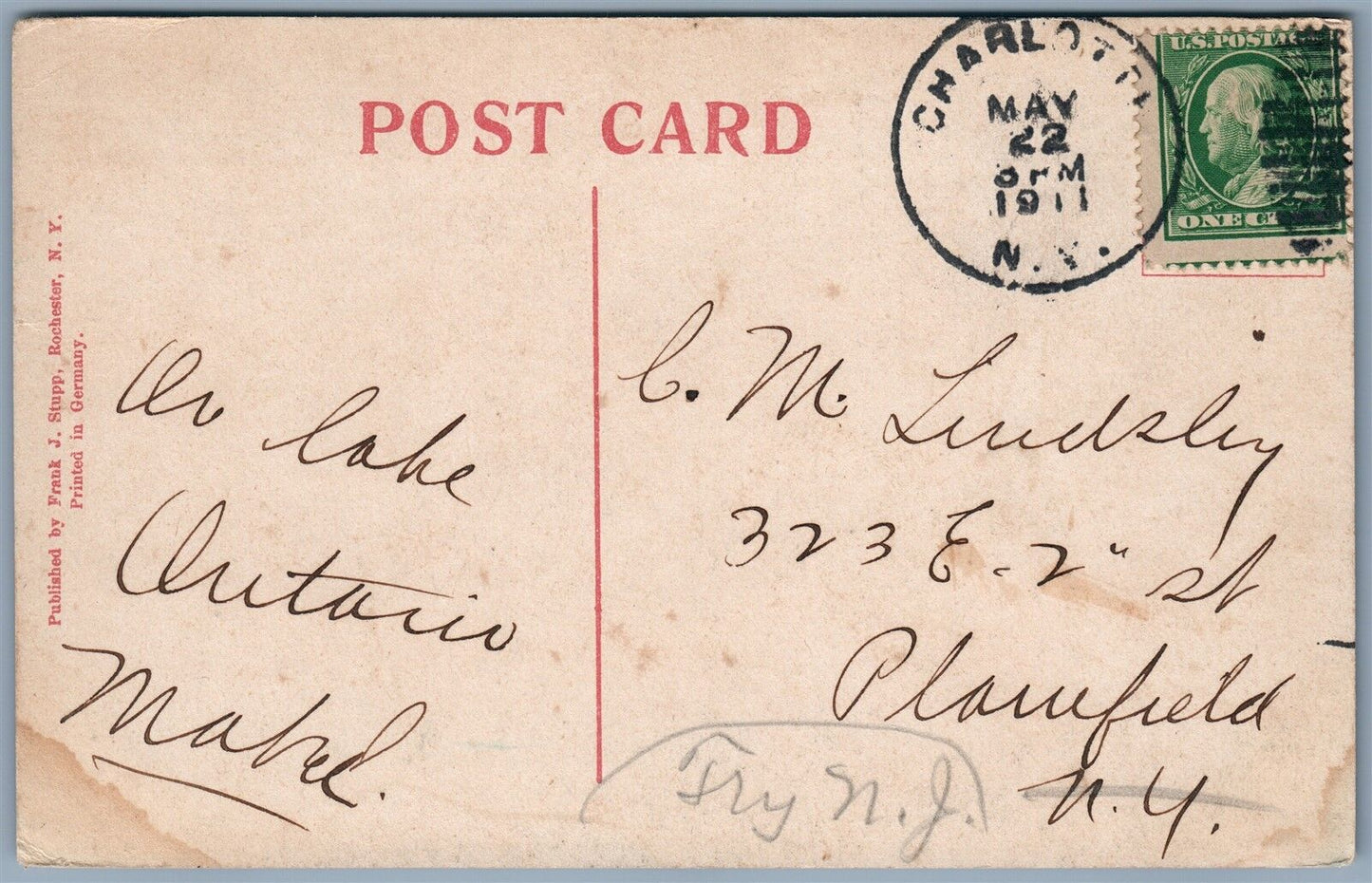 ONTARIO BEACH NY HOTEL ONTARIO 1911 ANTIQUE POSTCARD w/ CORK CANCEL