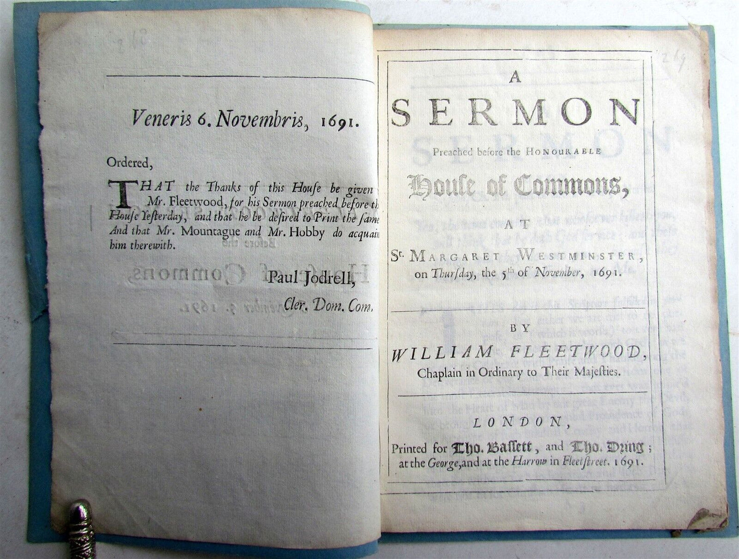 1691 Mr. FLEETWOOD SERMON PREACHED before HOUSE of COMMONS antique in ENGLISH