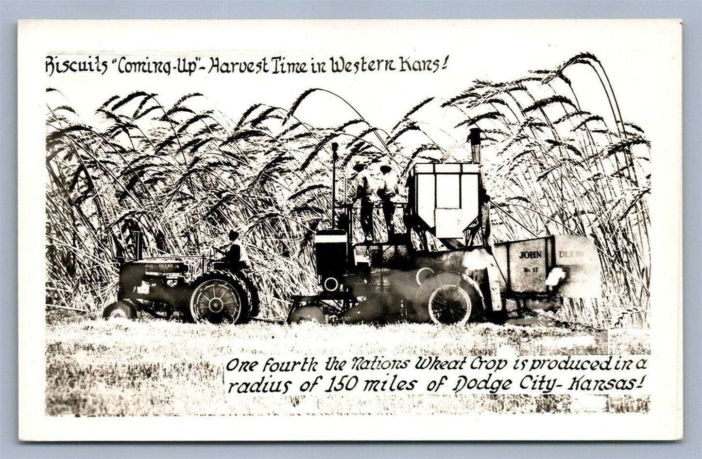 DODGE CITY KS EXAGGERATED WHEAT VINTAGE REAL PHOTO POSTCARD RPPC w/ TRACTOR