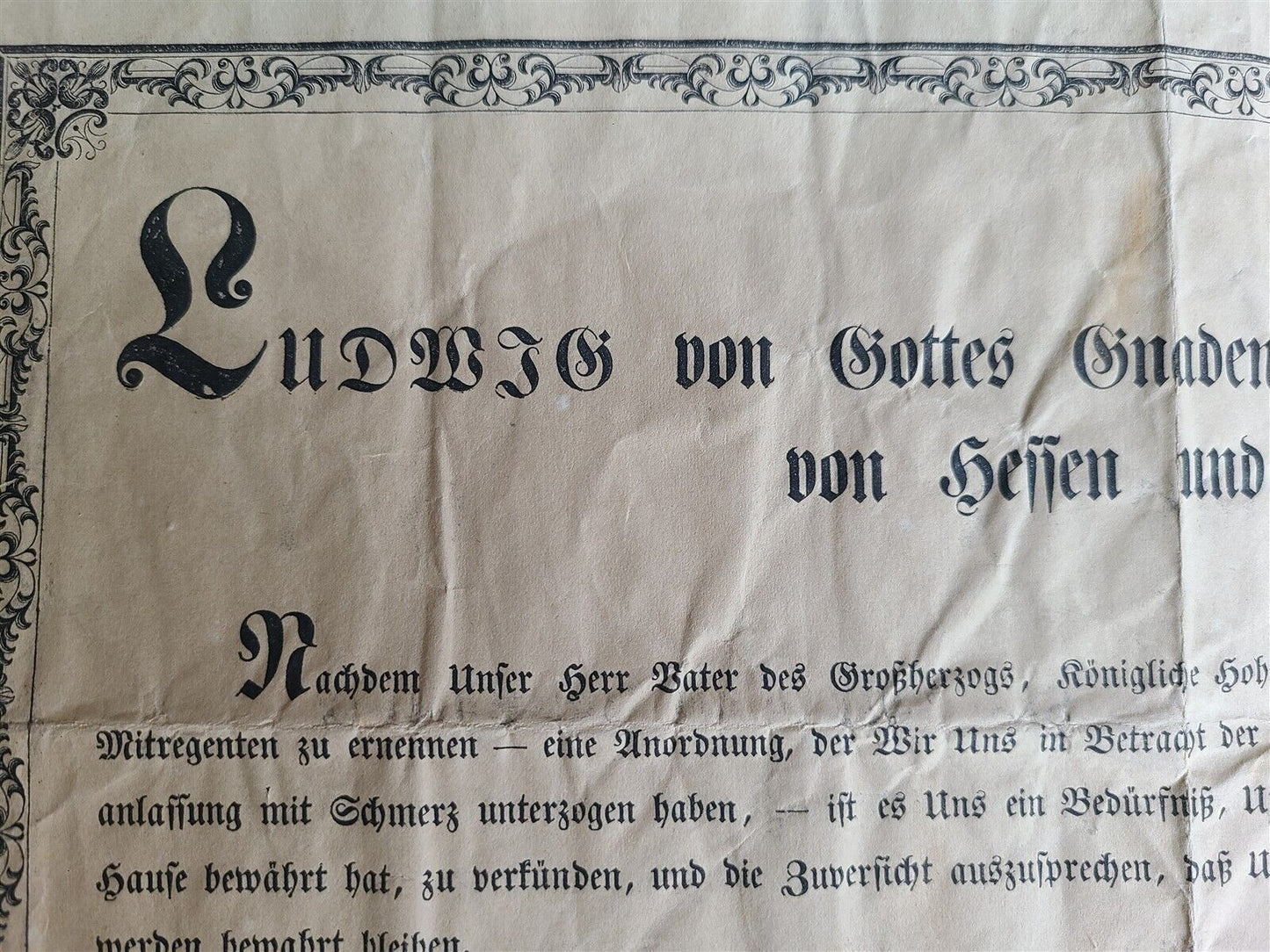 1848 GERMAN BROADSIDE of GRAND DUKE LUDWIG III antique 16.5 by 20.5"