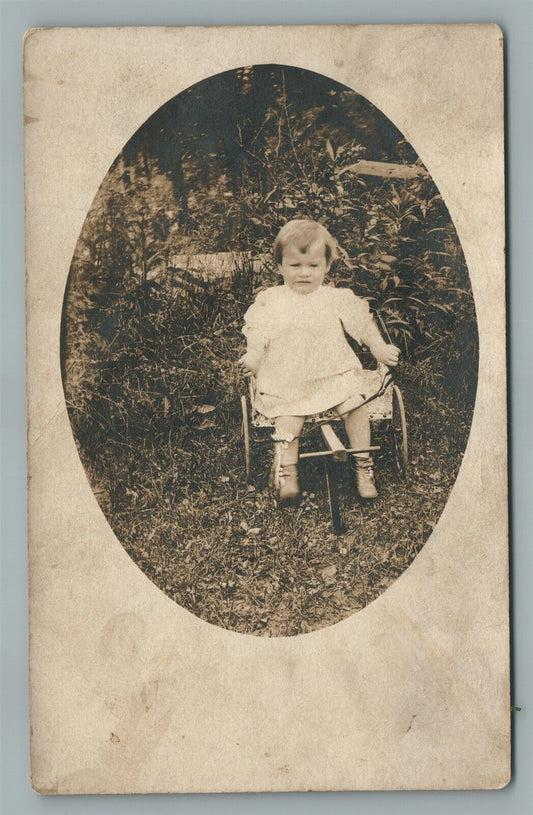 BABY GIRL w/ WOODEN CART ANTIQUE REAL PHOTO POSTCARD RPPC