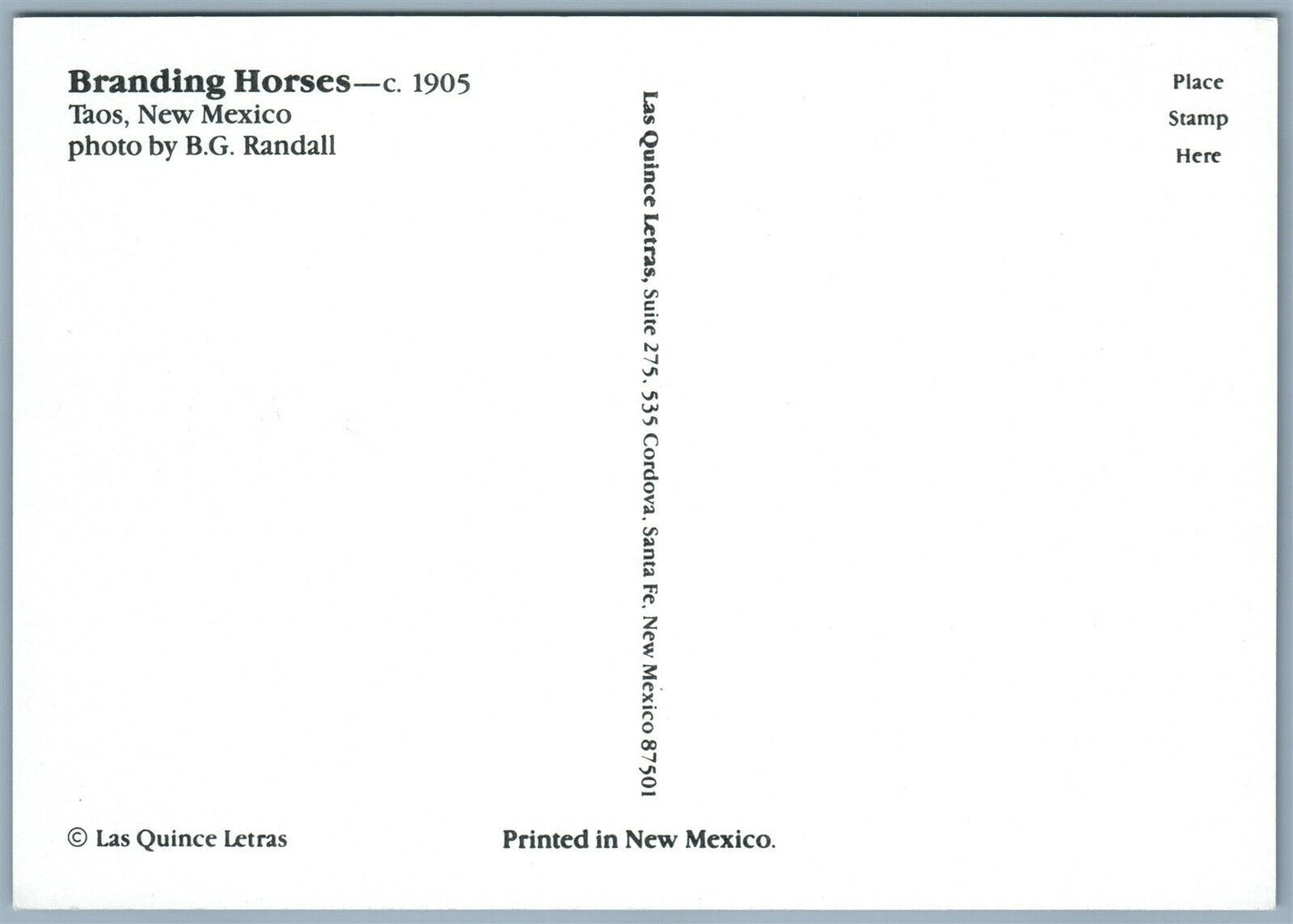 BRANDING HORSES TAOS NEW MEXICO 1987 POSTCARD photo by B.G.RANDALL