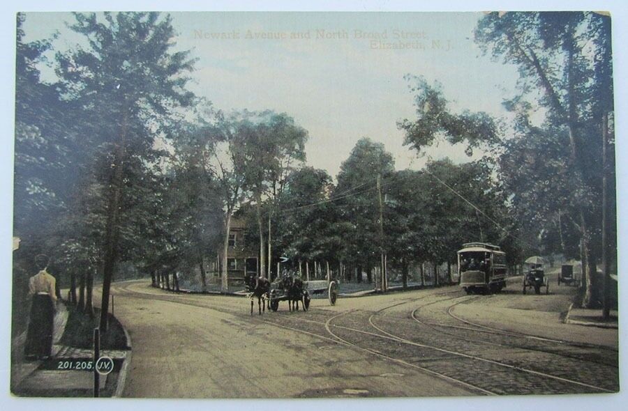 VINTAGE POSTCARD ELIZABETH NJ STREET SCENE NEWARK AVE. NORTH BROAD STR. trolley