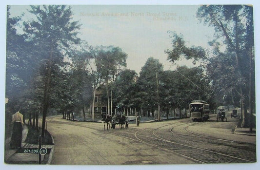 VINTAGE POSTCARD ELIZABETH NJ STREET SCENE NEWARK AVE. NORTH BROAD STR. trolley