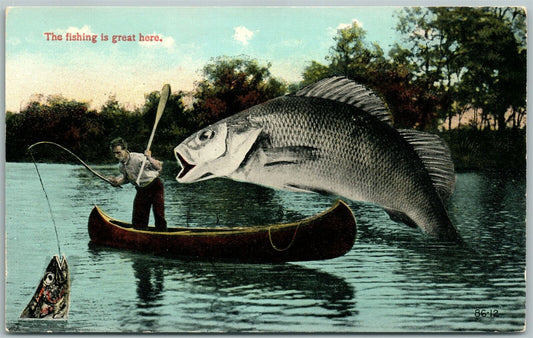 FISHING EXAGGERATED ANTIQUE POSTCARD FISH IS GREAT HERE