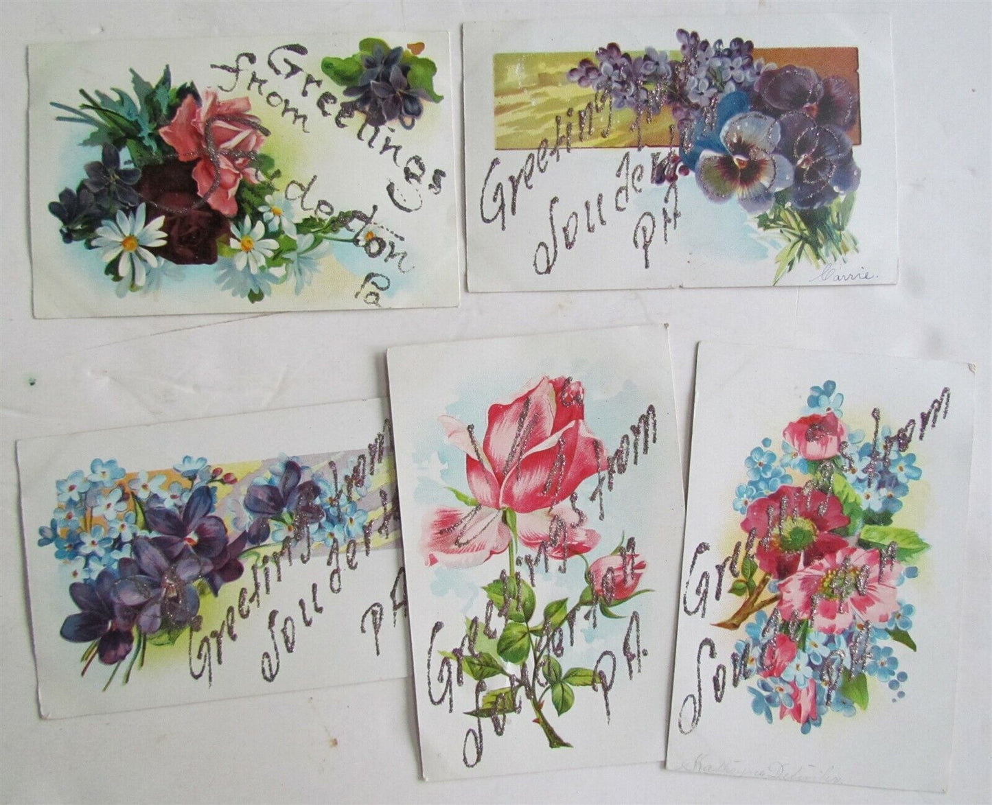 SOUDERTON PA GREETINGS LOT OF 5 1907 ANTIQUE POSTCARDS