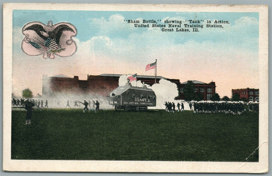 GREAT LAKES IL US NAVAL TRAINING STATION TANK IN ACTION ANTIQUE POSTCARD