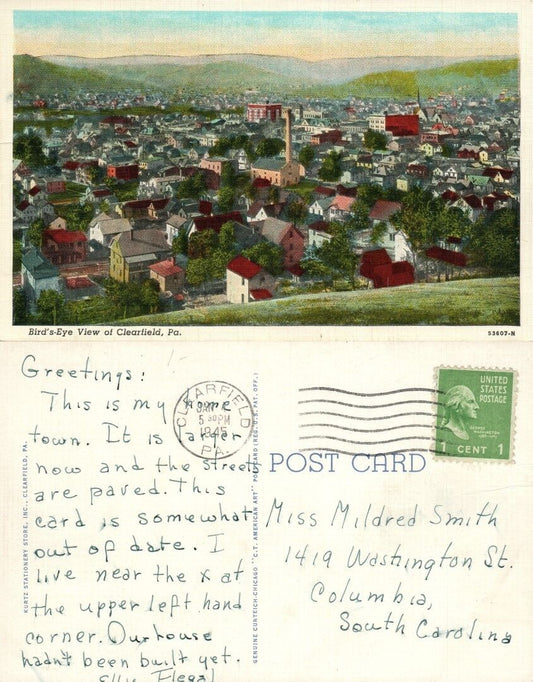 CLEARFIELD PA BIRD'S EYE VIEW 1945 VINTAGE POSTCARD