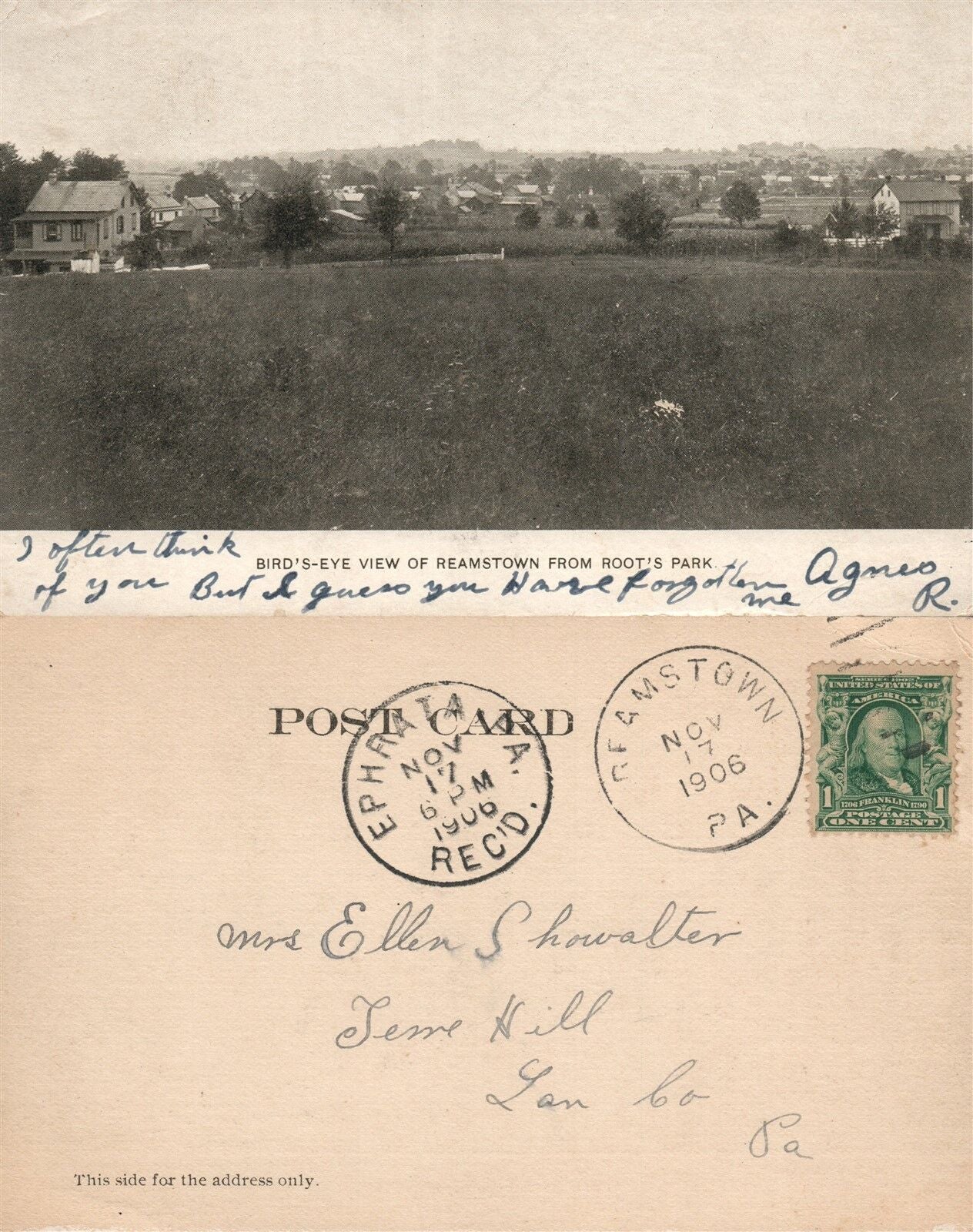 REAMSTOWN PA VIEW FROM ROOT'S PARK ANTIQUE 1906 UNDIVIDED POSTCARD