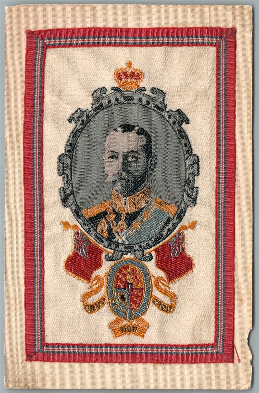 BRITISH KING GEORGE V ANTIQUE EMBROIDERED SILK POSTCARD