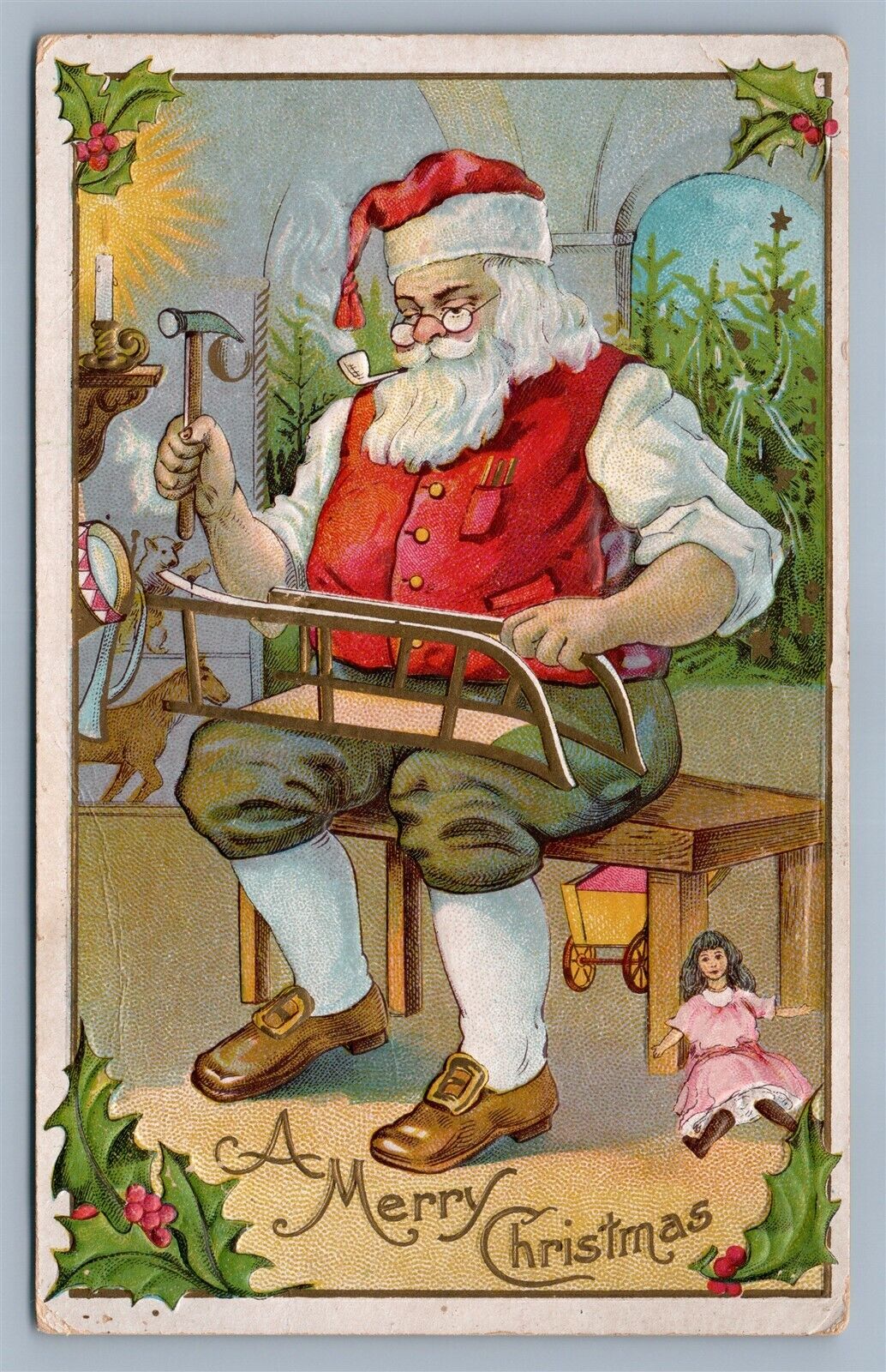 SANTA FIXING SNOW SLEDS CHRISTMAS EMBOSSED ANTIQUE POSTCARD