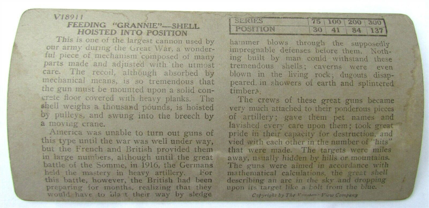 ARTILLERY FEEDING GRANNIE SHELL HOISTED INTO POSITION WWI STEREOVIEW PHOTO