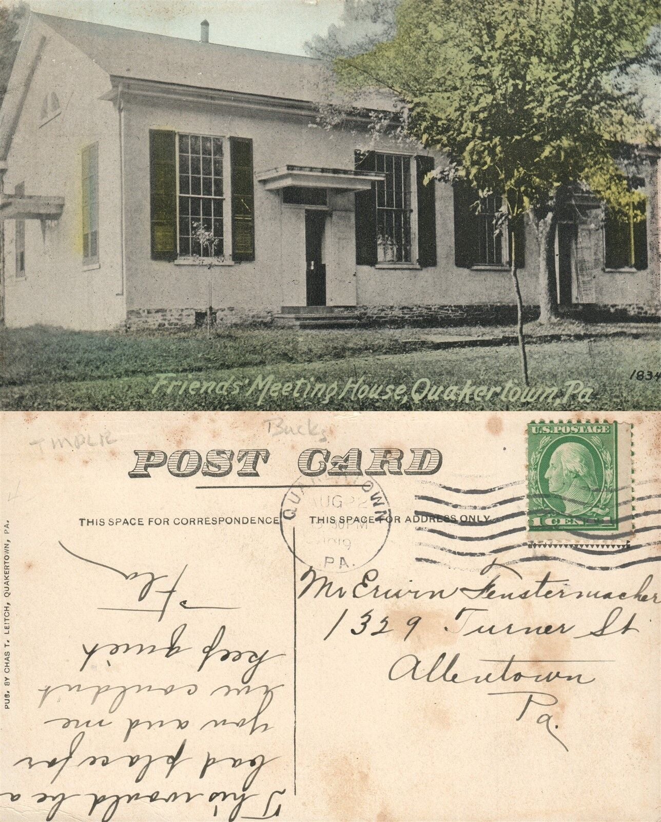QUAKERTOWN BUCKS COUNTY PA FRIENDS MEETING HOUSE 1919 ANTIQUE POSTCARD