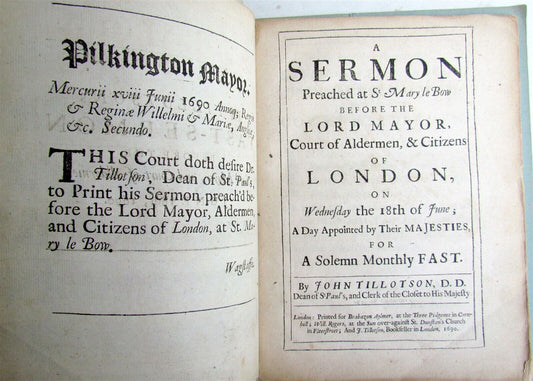 1690 Dr. TILLOTSON's FAST SERMON before LORD MAYOR antique in ENGLISH