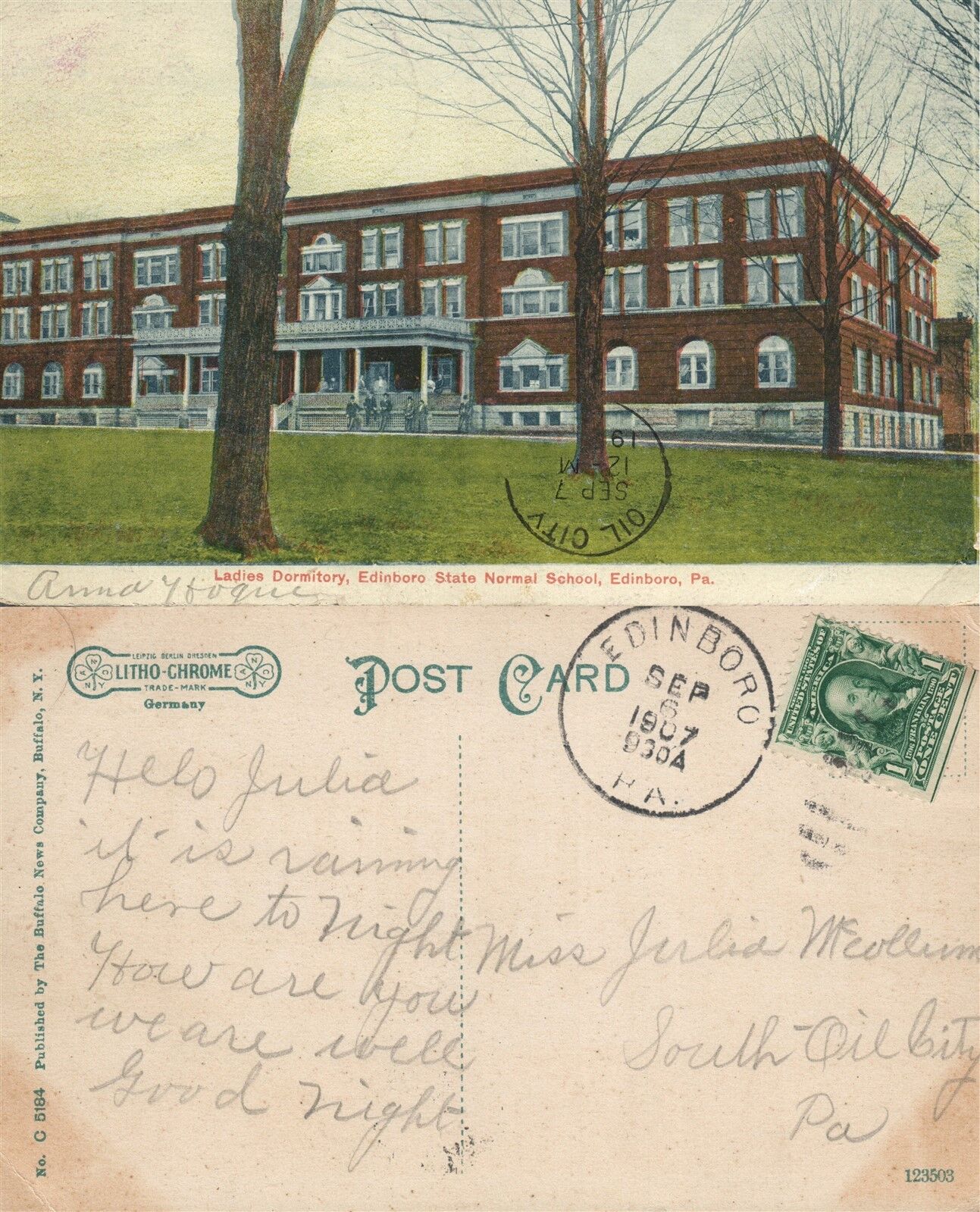 EDINBORO PA LADIES DORMITORY STATE NORMAL SCHOOL ANTIQUE POSTCARD w/ CORK CANCEL
