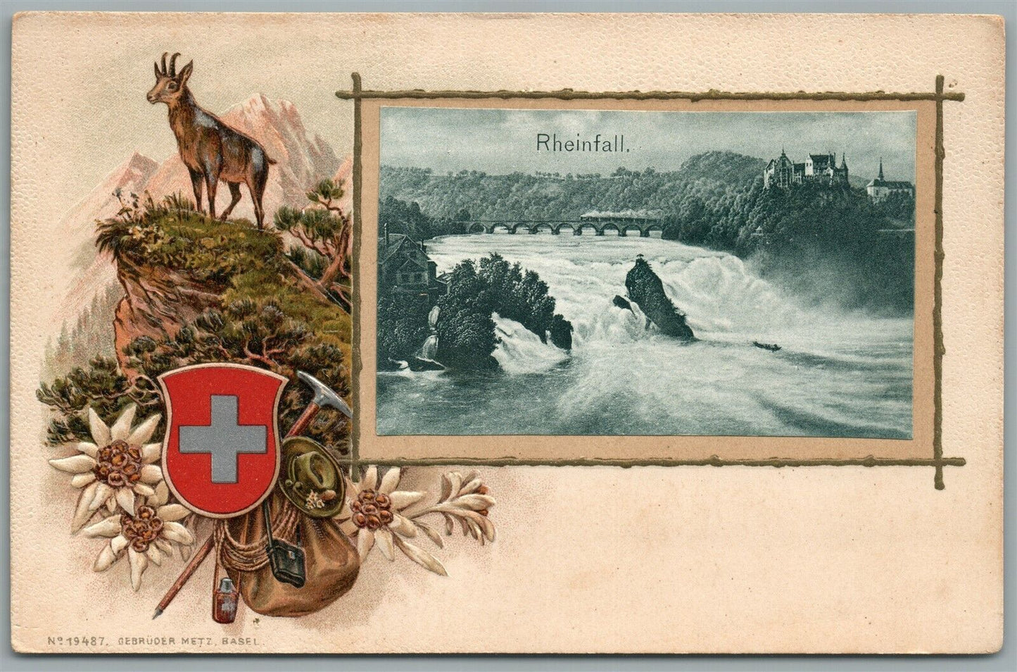 SWITZERLAND RHEINFALL EMBOSSED ANTIQUE POSTCARD