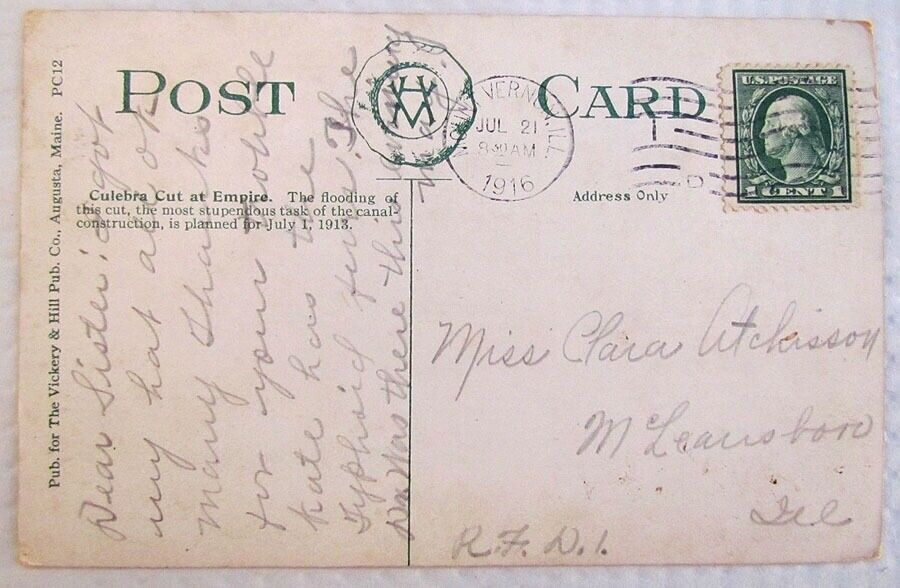 1916 ANTIQUE POSTCARD CULEBRA CUT AT EMPIRE PANAMA CANAL CONSTRUCTION