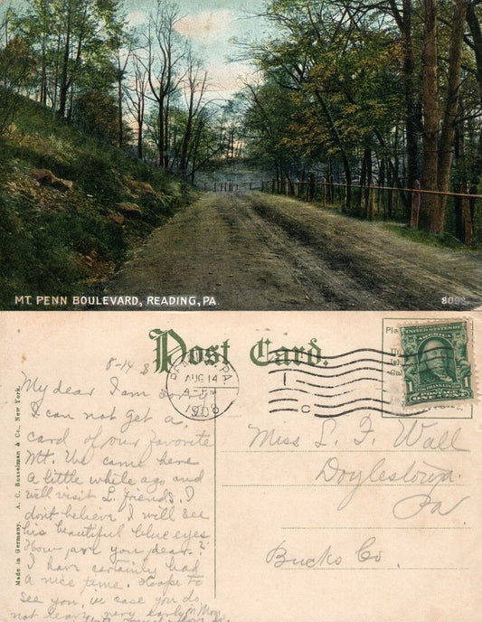 READING PA MOUNT PENN BOULEVARD 1908 ANTIQUE POSTCARD